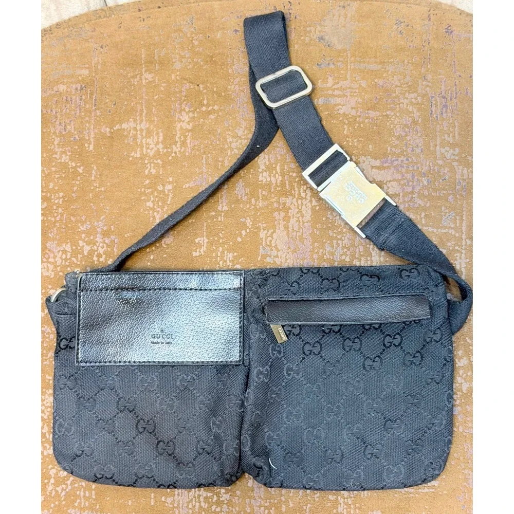 Gucci GG Monogram Canvas Waist Bag Black Belt Bag 001-3306 002436 Vintage Italy
